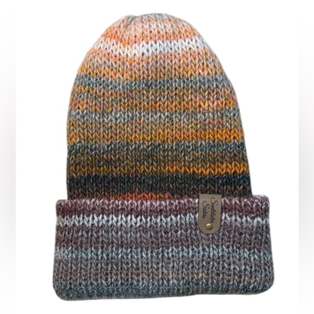 Sadblister Sisters adult knit winter hat orange cream with grays